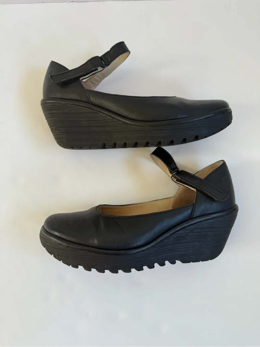 Fly London Black Leather Mary Jane Wedge Shoes Platform Pumps Comfort 7.5 / 38
